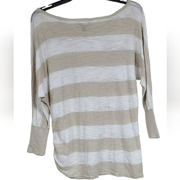 Express Tan Stripe Side Cinch Lightweight Slub Knit Sweater Neutral Small Top - Picture 7 of 9